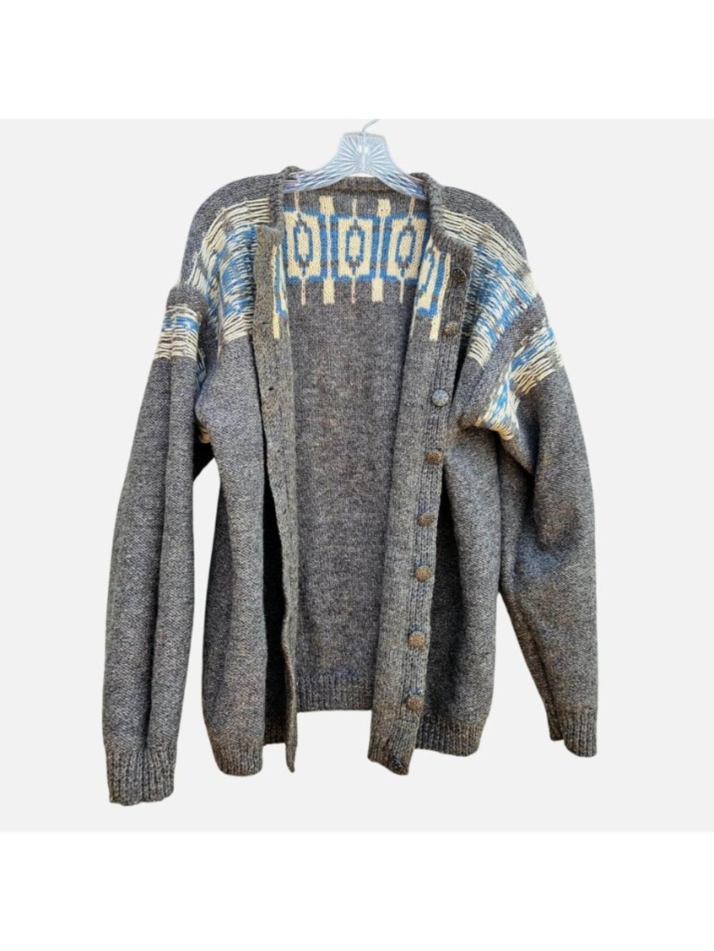 Vintage Hand Knit Nordic Wool Cardigan Gray Geometric Unisex XL - Picture 8 of 15